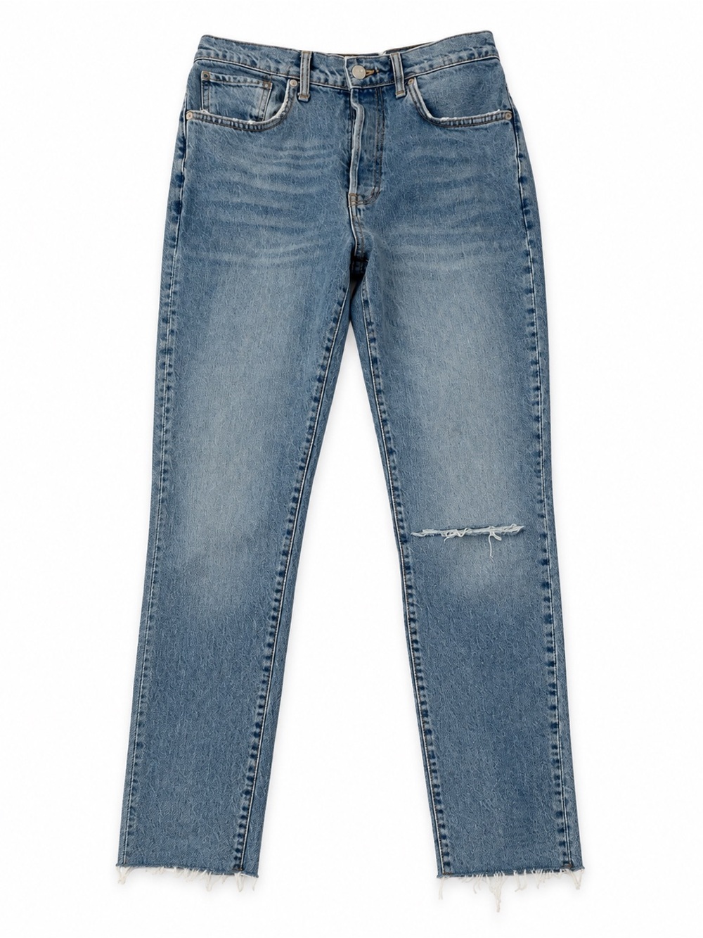 Free People faded blue straight leg jeans with distressed knee